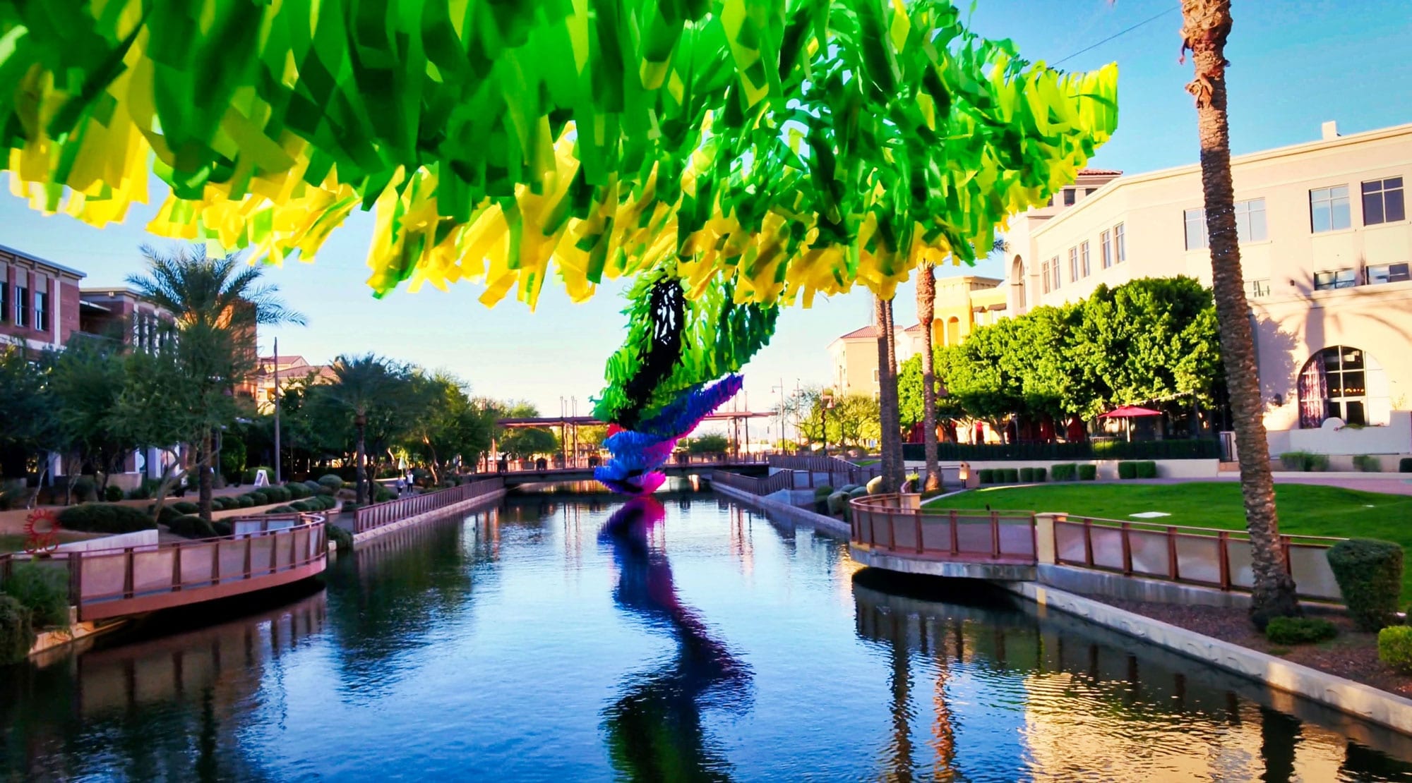 Reflection Rising, part of Patrick Shearn of Poetic Kinetics' Skynet Series floating over the canals in Scottsdale AZ.